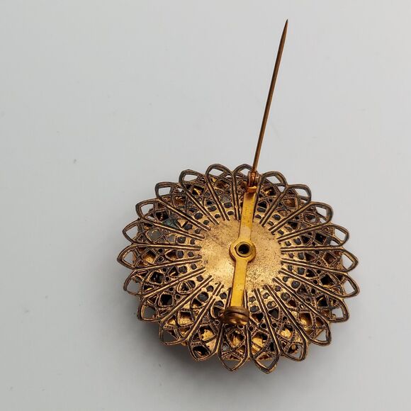 Vintage Copper Tone Filigree Pin Ornate White / Pink Confetti Lucite Brooch READ - Picture 7 of 10